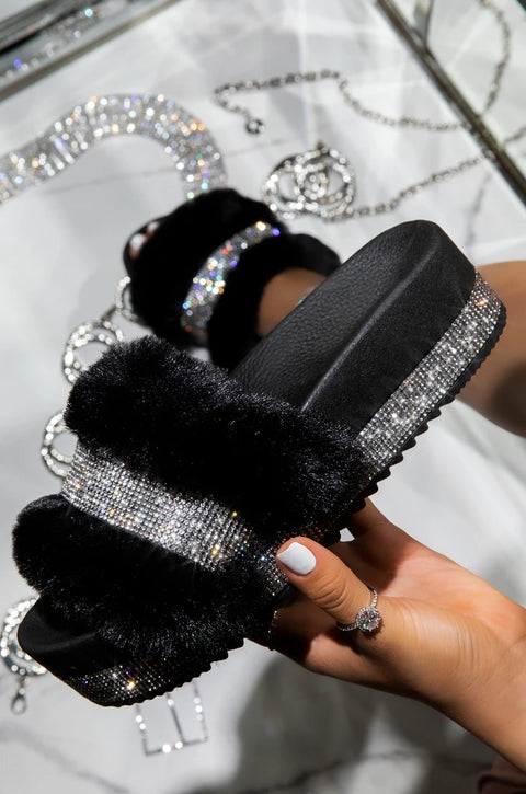 Luxury Designer Women Fur Rhinestone Slippers